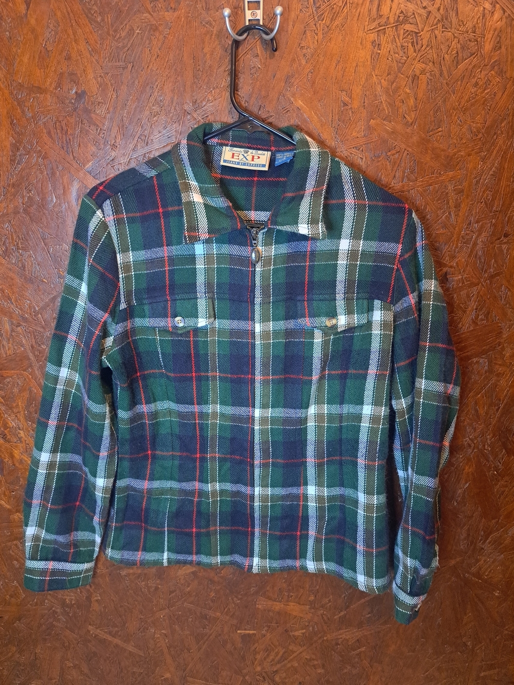 Vintage Express Green Navy Red Plaid Zip-Front Casual Zipper Flannel Shirt